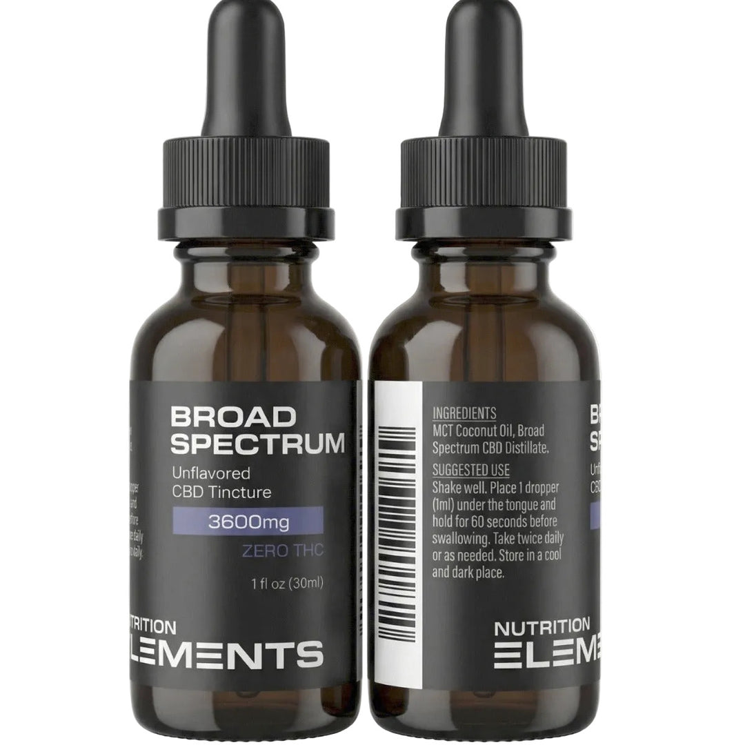Two brown glass bottles with black droppers labeled 'Nutrition Elements' on a white background.