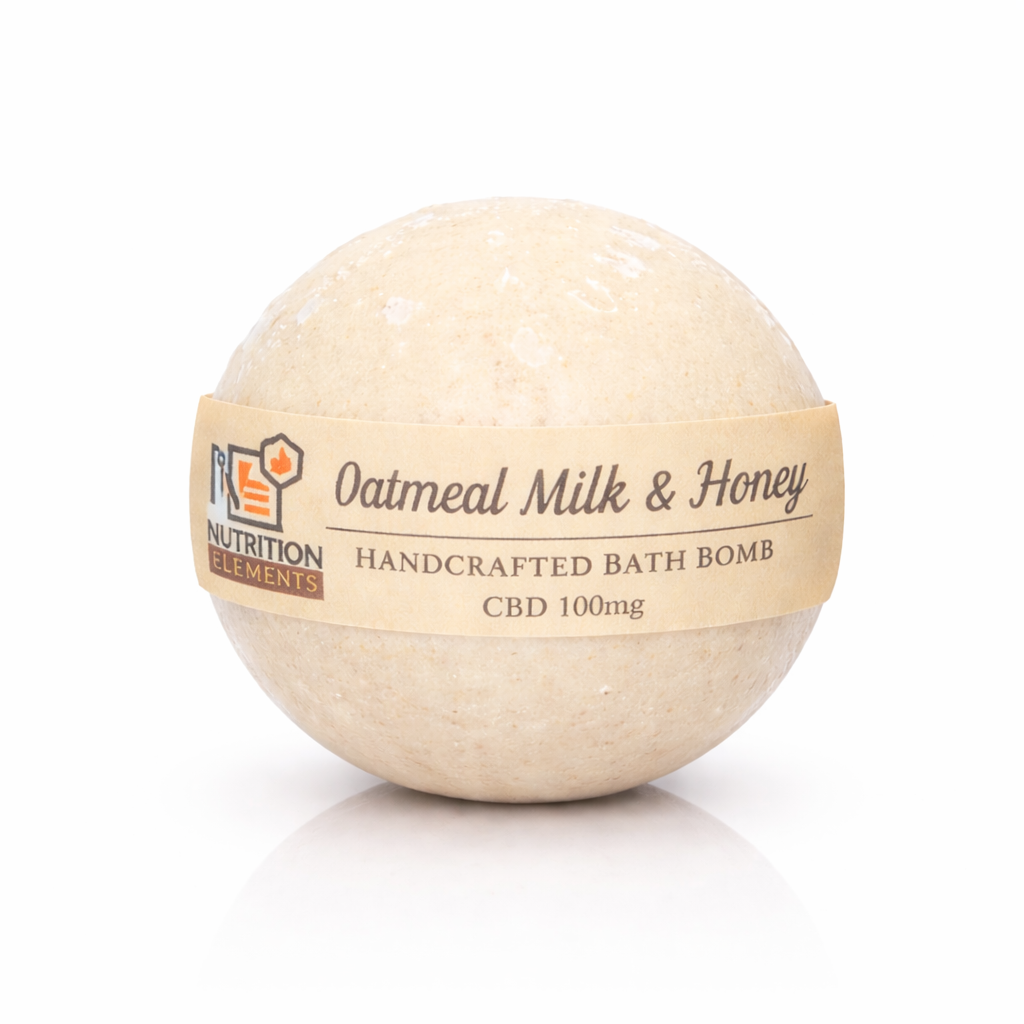 Oatmeal Milk & Honey bath bomb with a label on a white background