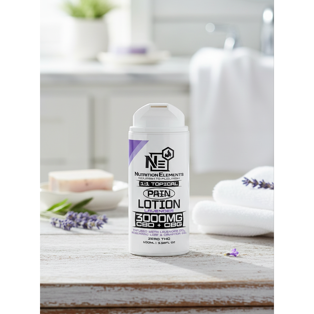 Bottle of pain lotion with visible branding on a wooden surface.