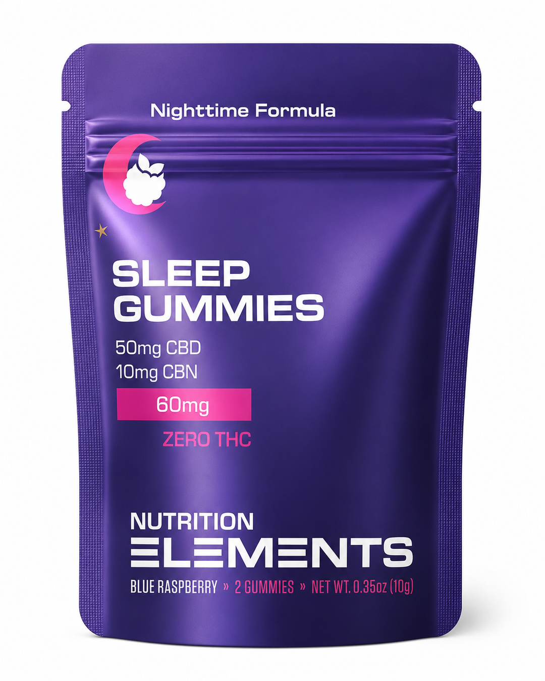 Purple package of Sleep Gummies with Nutrition Elements branding on a white background
