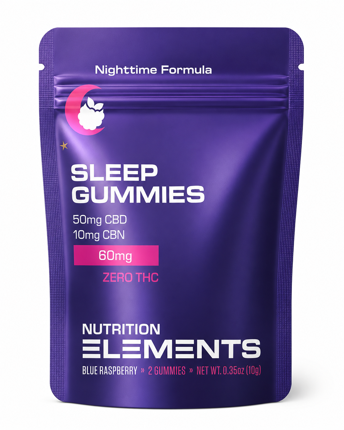 Purple package of Sleep Gummies with Nutrition Elements branding on a white background