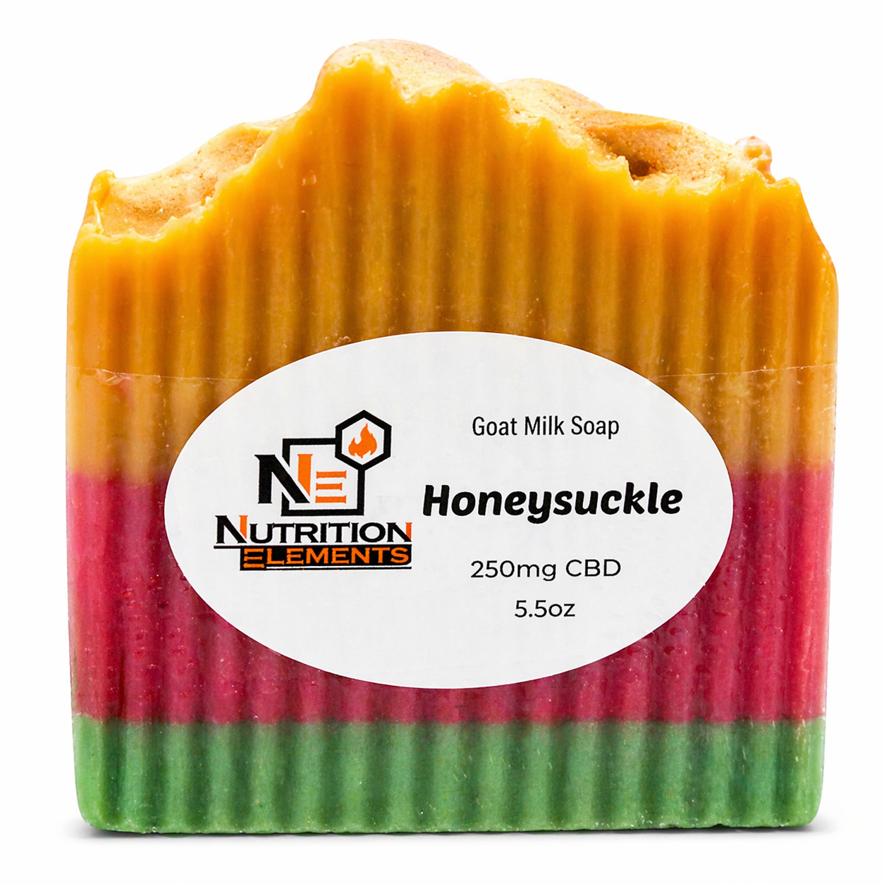 Colorful soap bar with a label for Nutrition Elements Honeysuckle goat milk soap on a white background