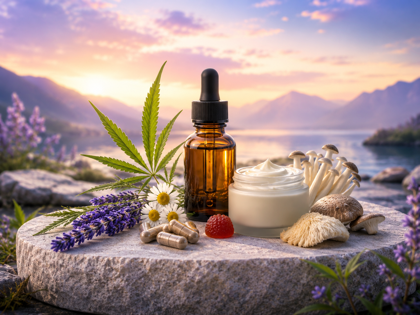 Cannabis leaf, cream jar, dropper bottle, and capsules on a rock with a scenic background