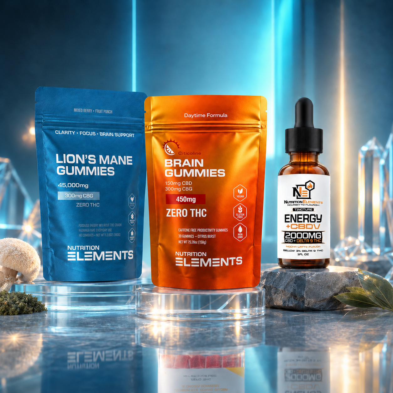 Three health supplement products on a reflective surface with a blue gradient background.