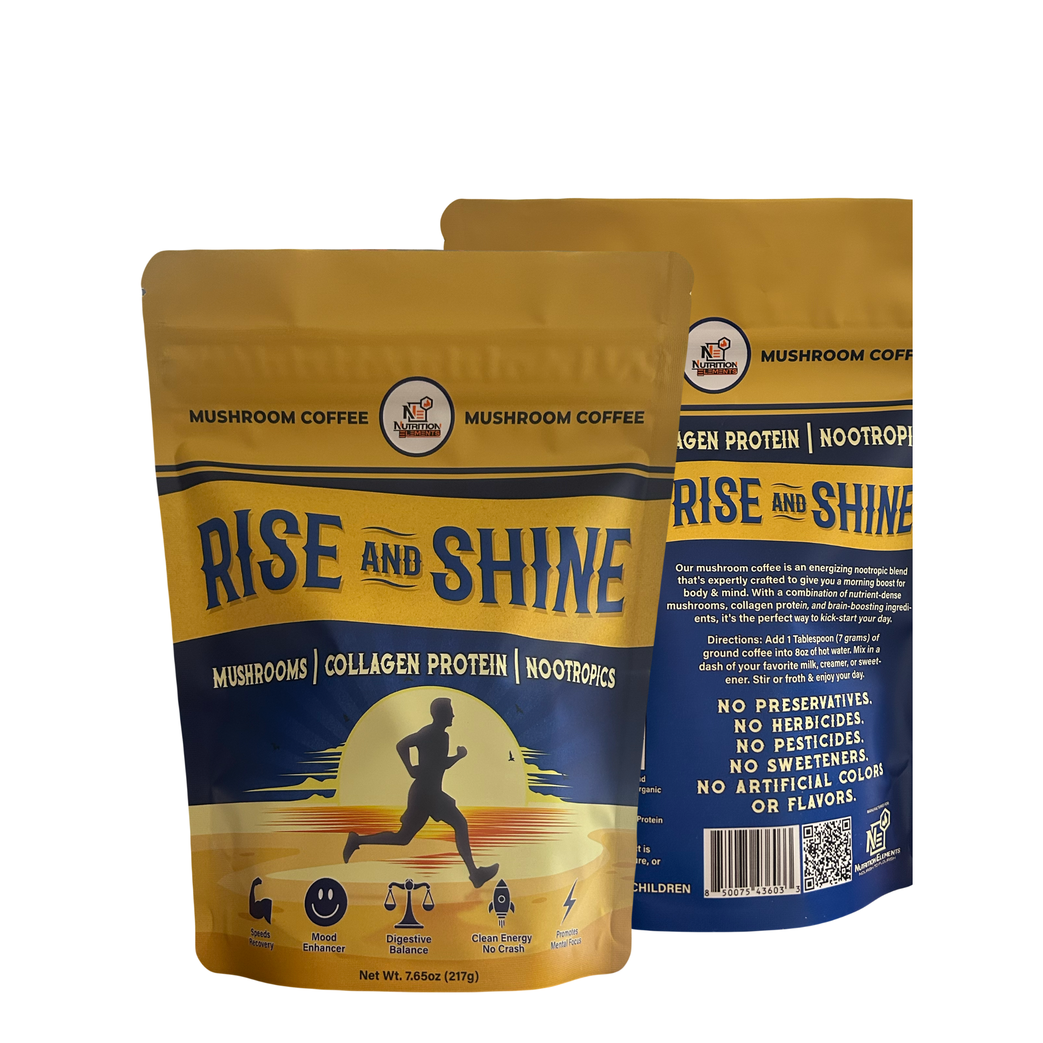 Mushroom coffee package with 'Rise and Shine' branding on a white background