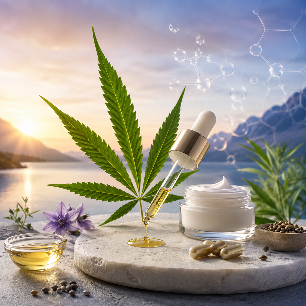 Cannabis leaf with dropper, cream, and seeds on a scenic background