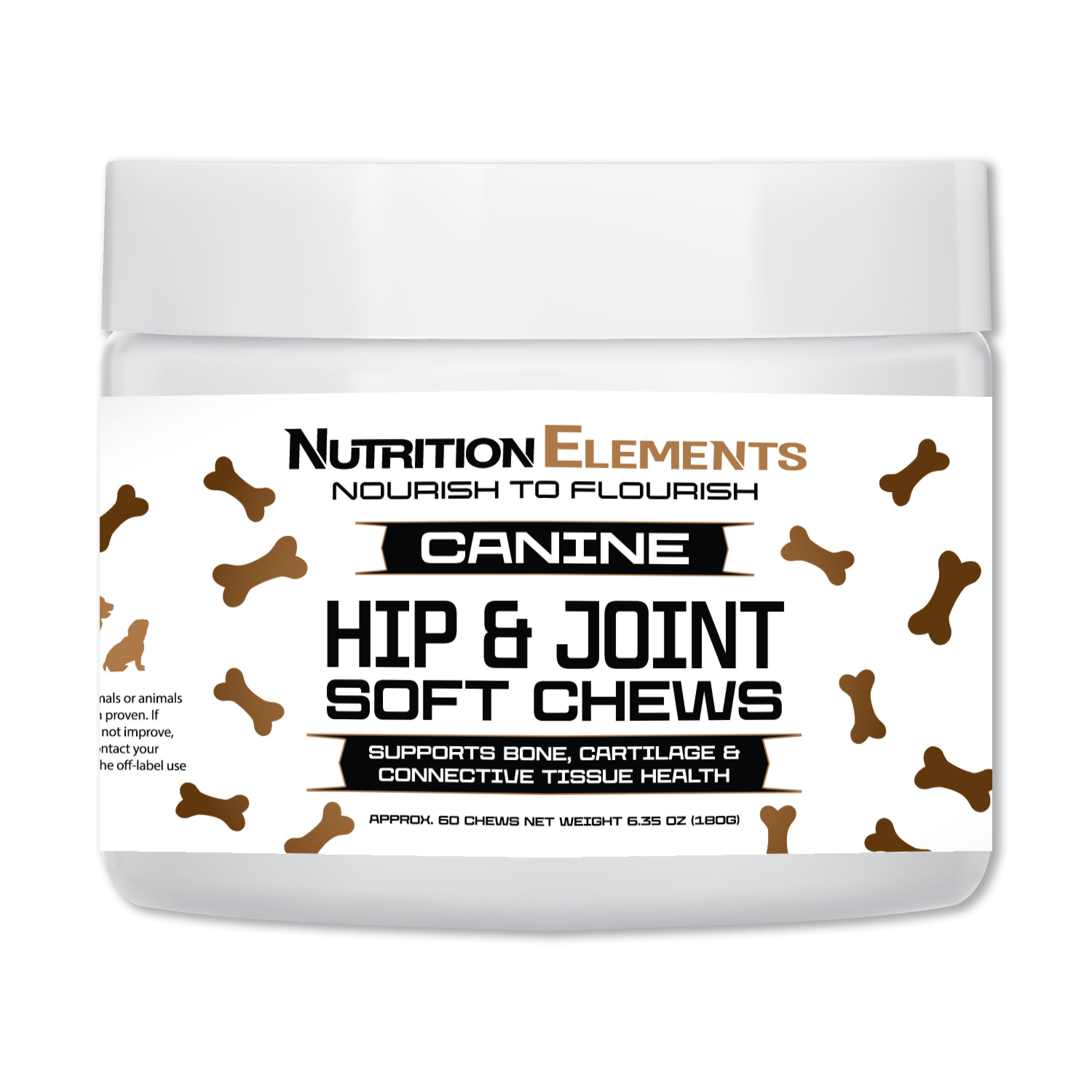 A container of Nutrition Elements Hip and Joint Dog Treats with a pattern of bones on the label.