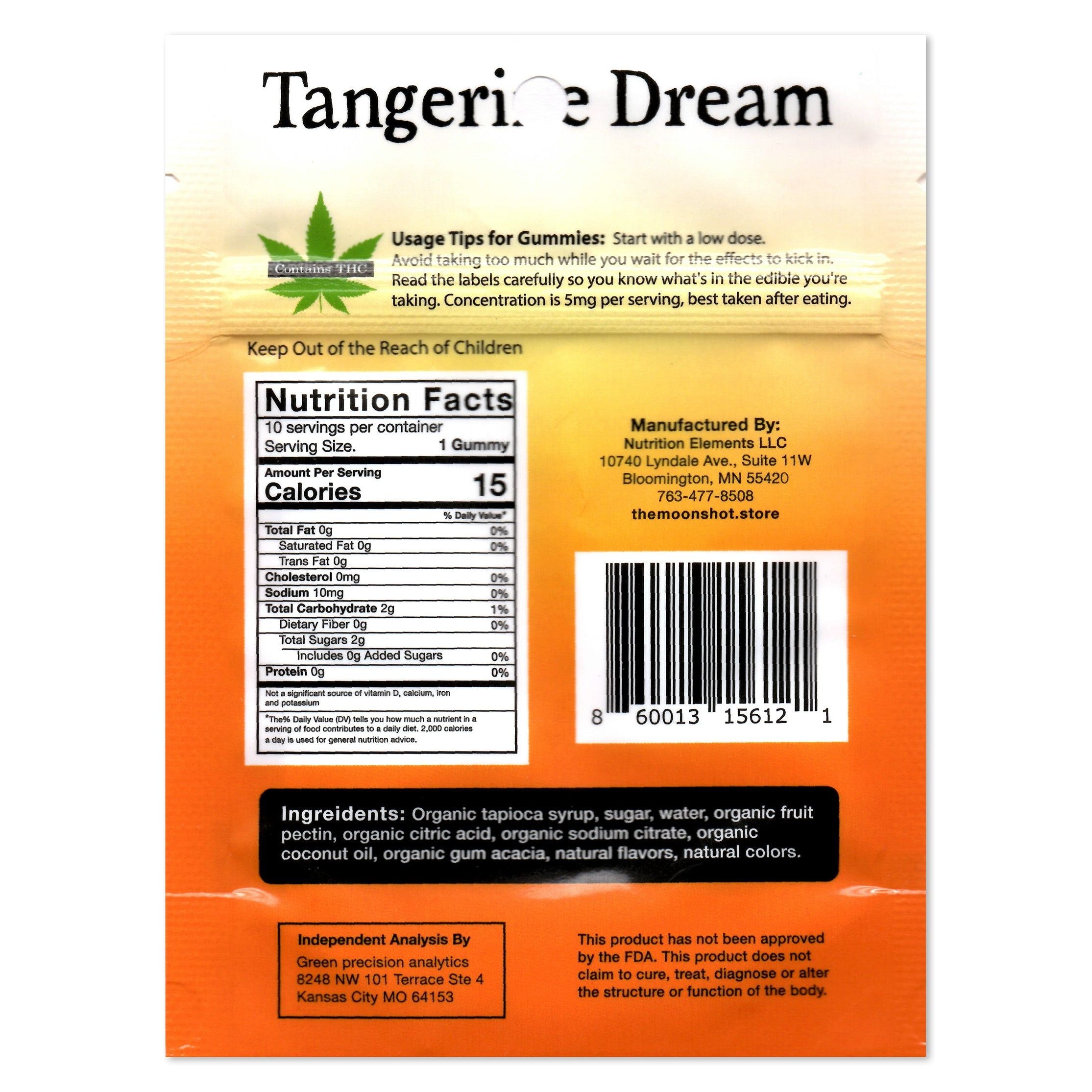 Back of a Tangerine Dream gummy package with nutrition facts, ingredients, and contact information.