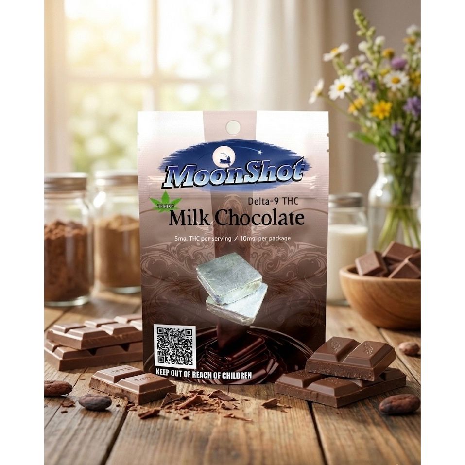 MoonShot Delta-9 THC Milk Chocolate packaging on a wooden table with chocolate pieces and flowers.