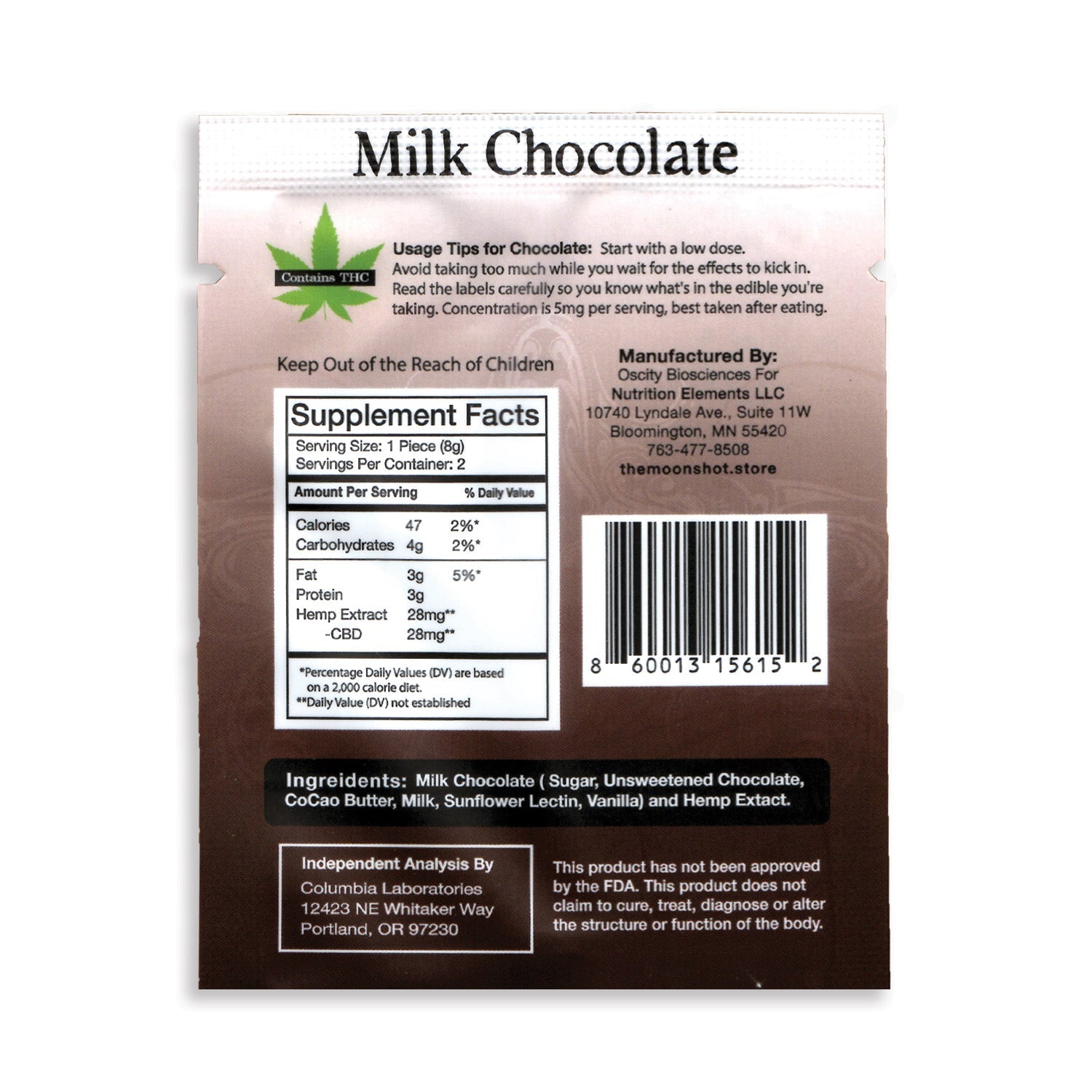 Milk chocolate packaging with supplement facts and ingredients listed on a white background