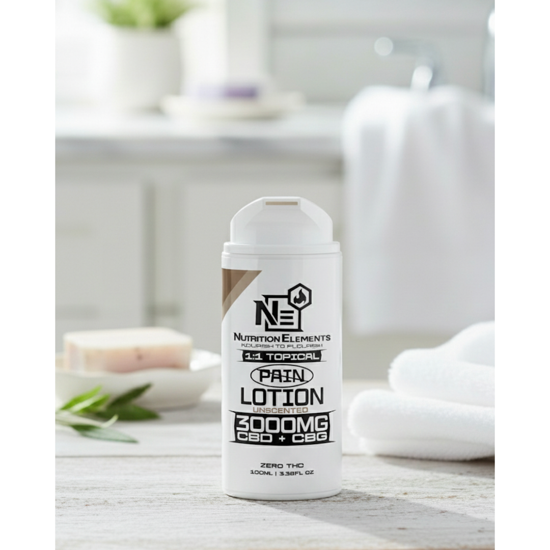White lotion bottle with black text on a wooden surface