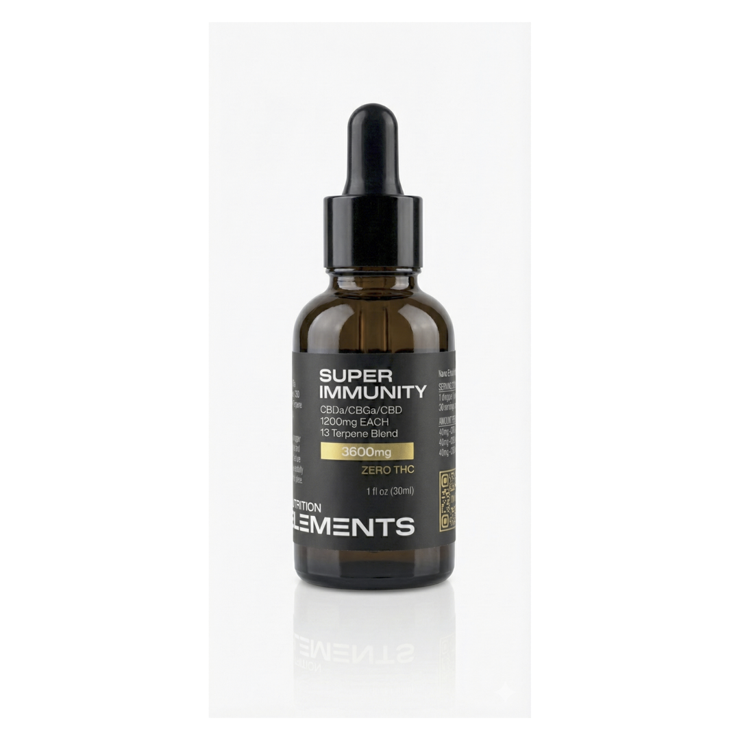 Bottle of Super Immunity supplement with dropper on a white background