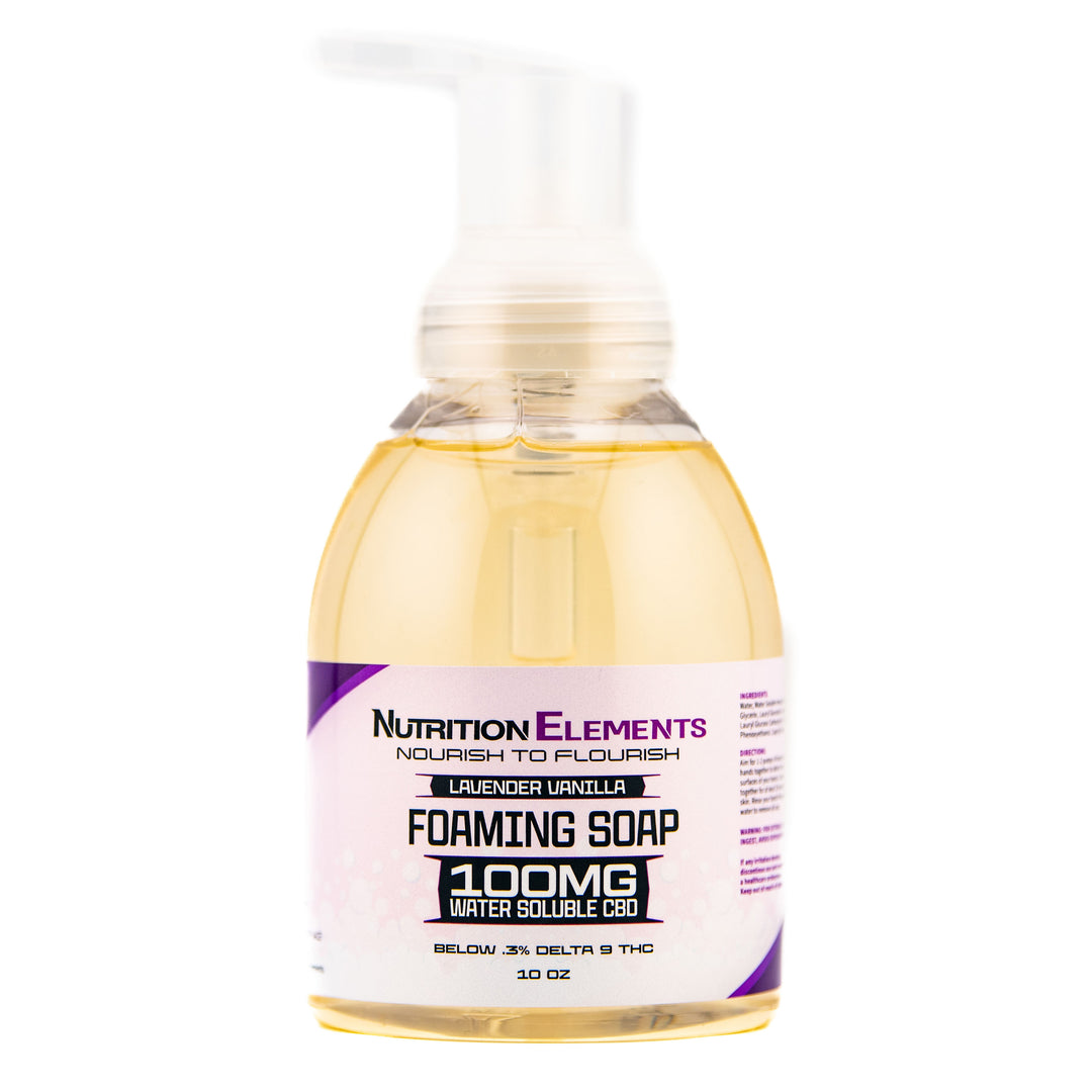 Lavender Vanilla water soluble CBD foaming soap bottle from Nutrition Elements