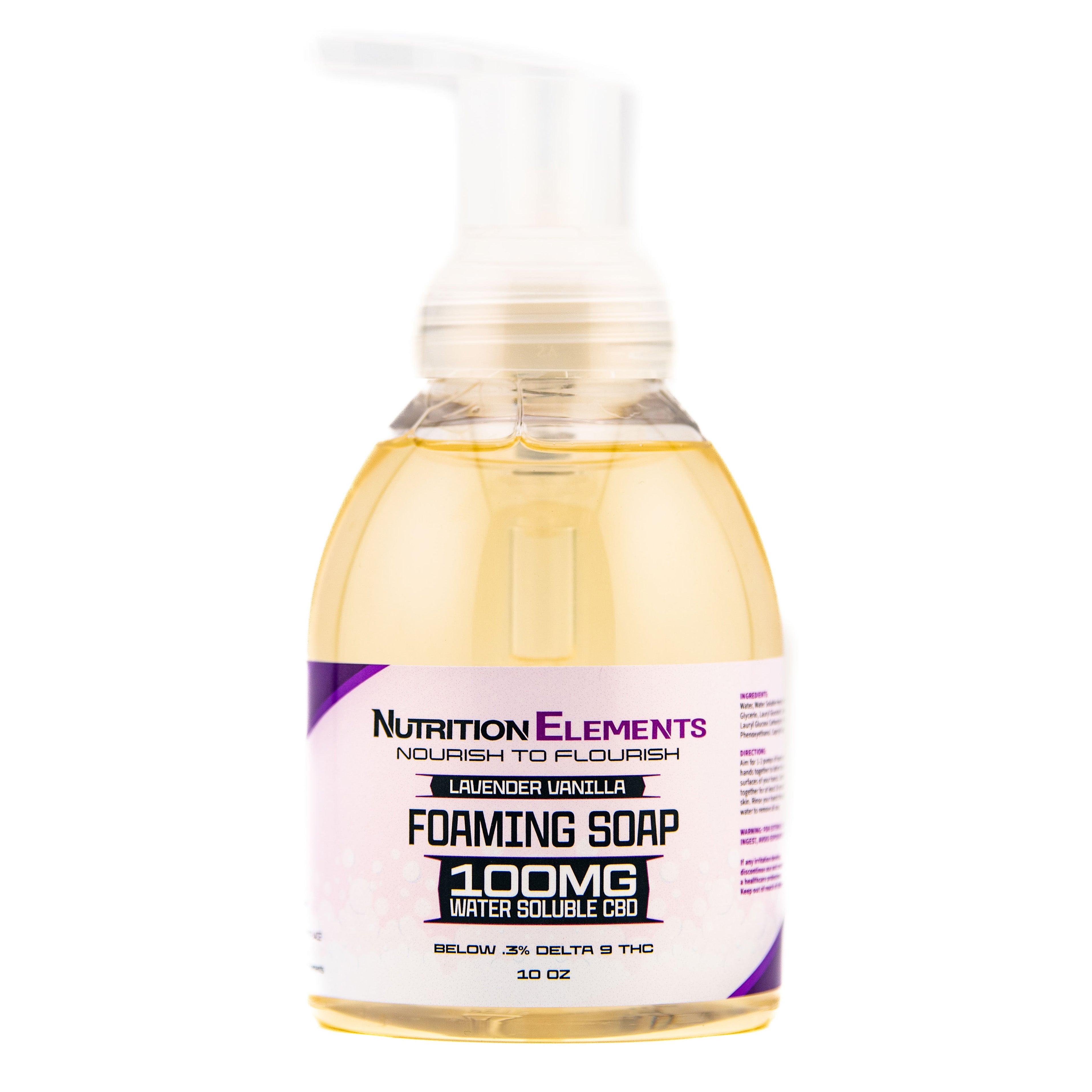 Lavender Vanilla water soluble CBD foaming soap bottle from Nutrition Elements
