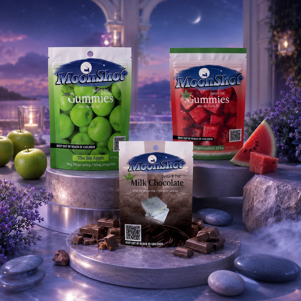 Moonshot gummies and chocolate packaging with a scenic background