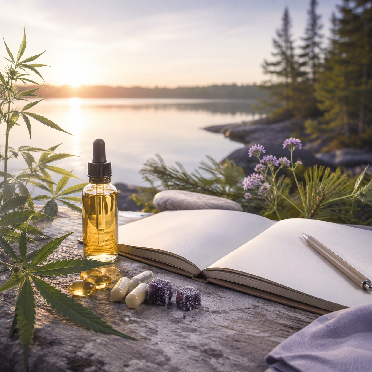 CBD oil bottle, notebook, and pills on a rock with a scenic lake and trees in the background