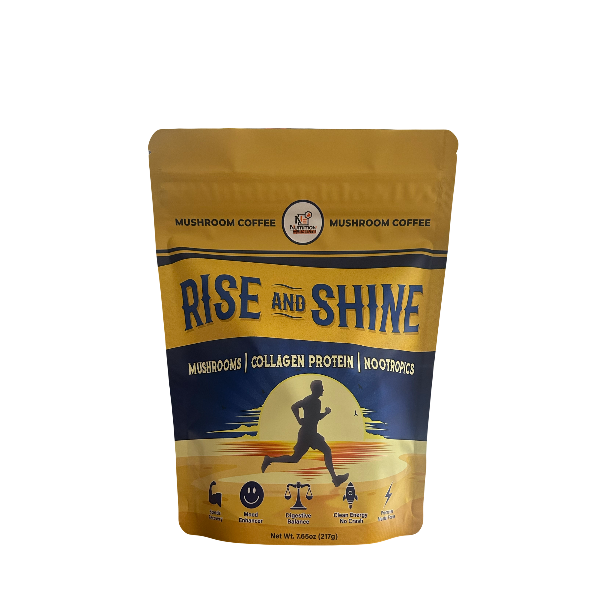 Yellow and blue package of 'Rise and Shine' mushroom coffee with a silhouette of a person running.