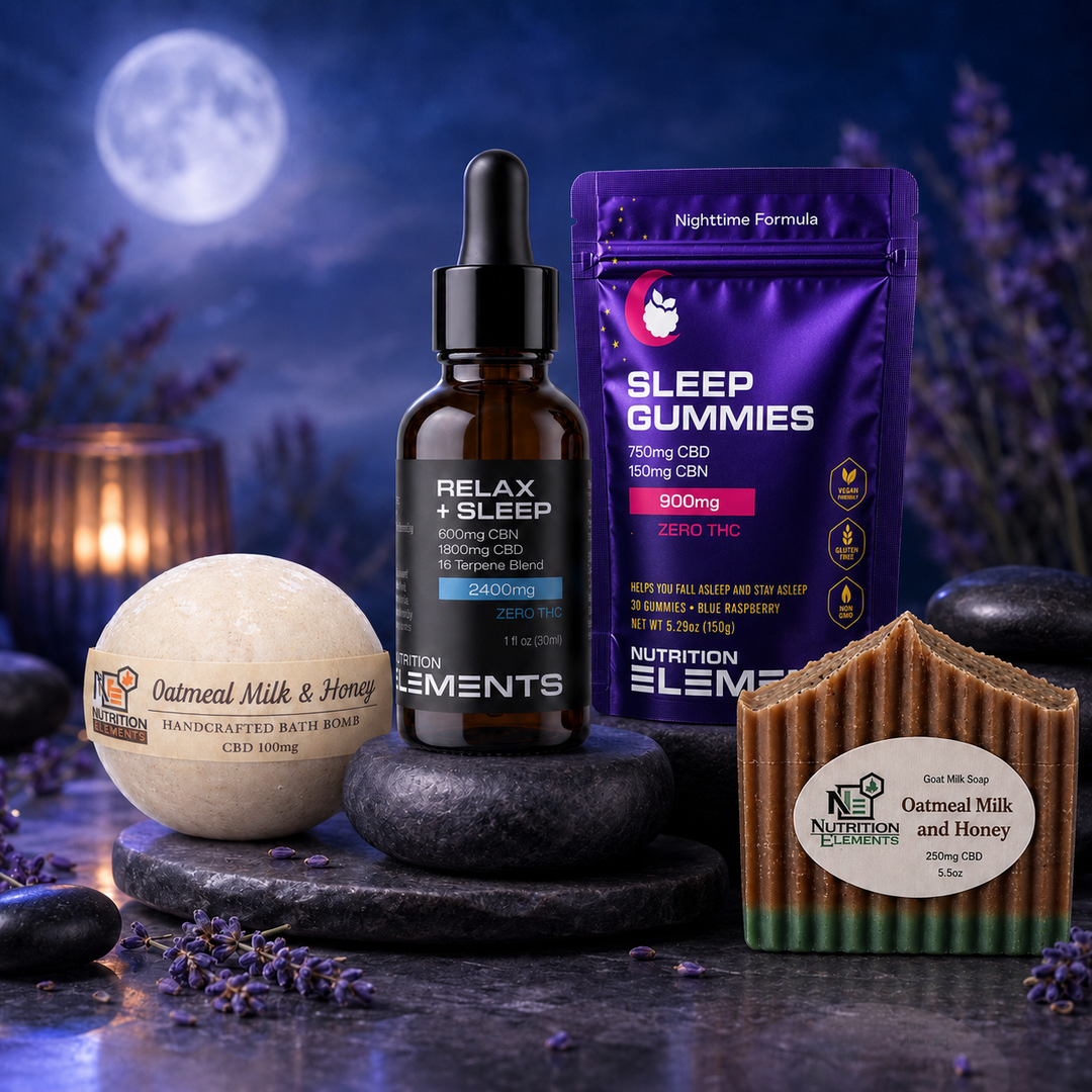 CBD products including a bottle, gummies, and soap on a dark background with lavender.