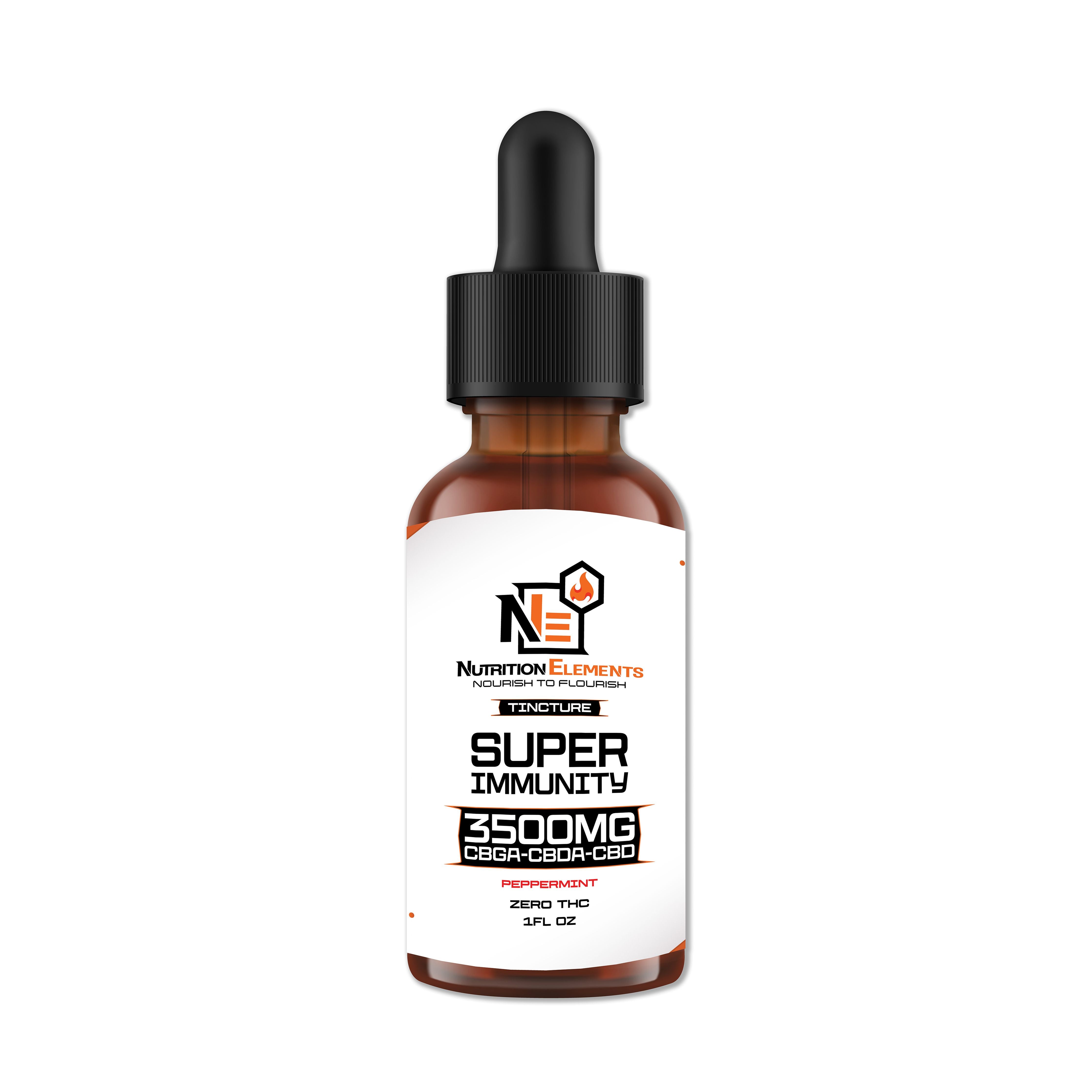 A bottle of Super Immunity Tincture with a dropper, 3500 mg potency, against a white background