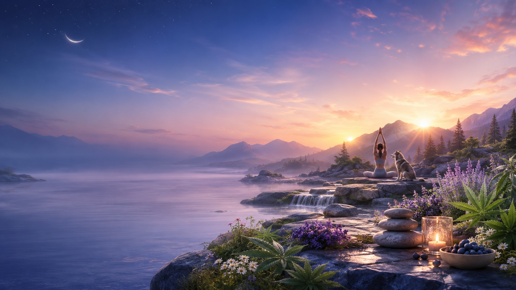 Person meditating by a lake with mountains and a colorful sky