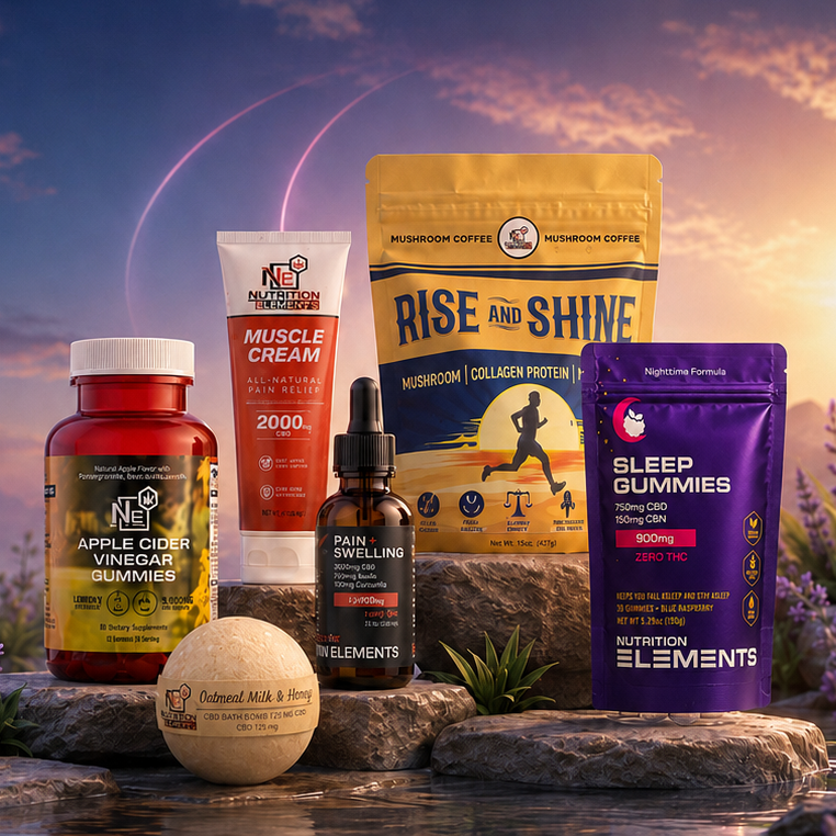Collection of health and wellness products with a scenic background