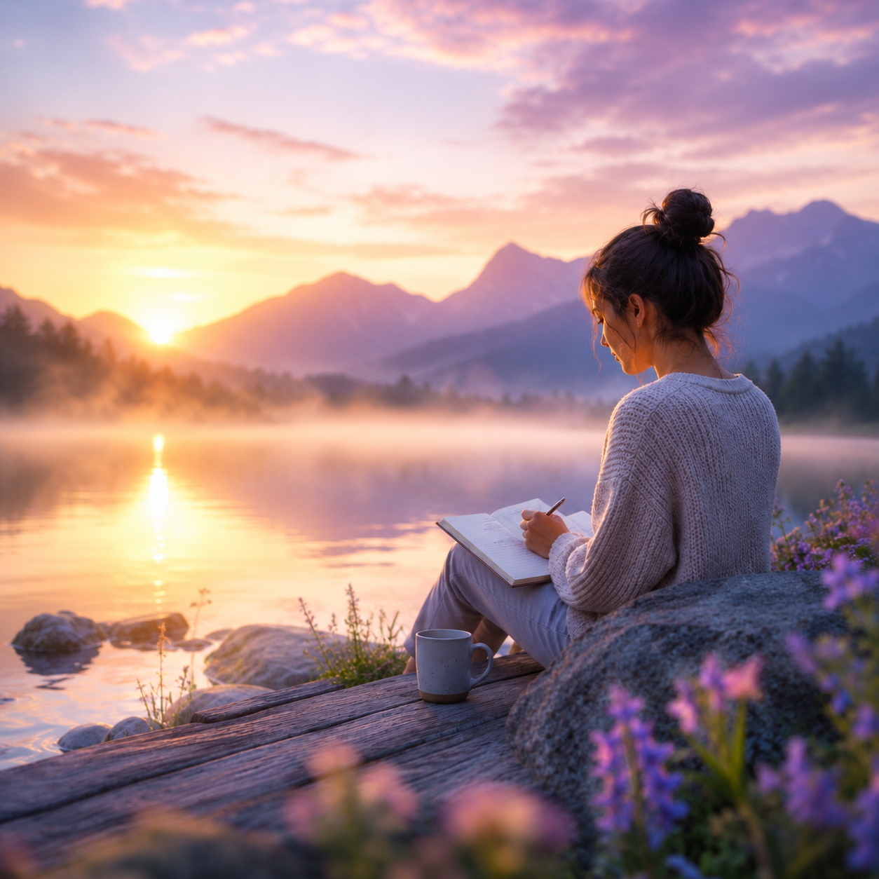 Woman journaling beside a calm mountain lake at sunrise
