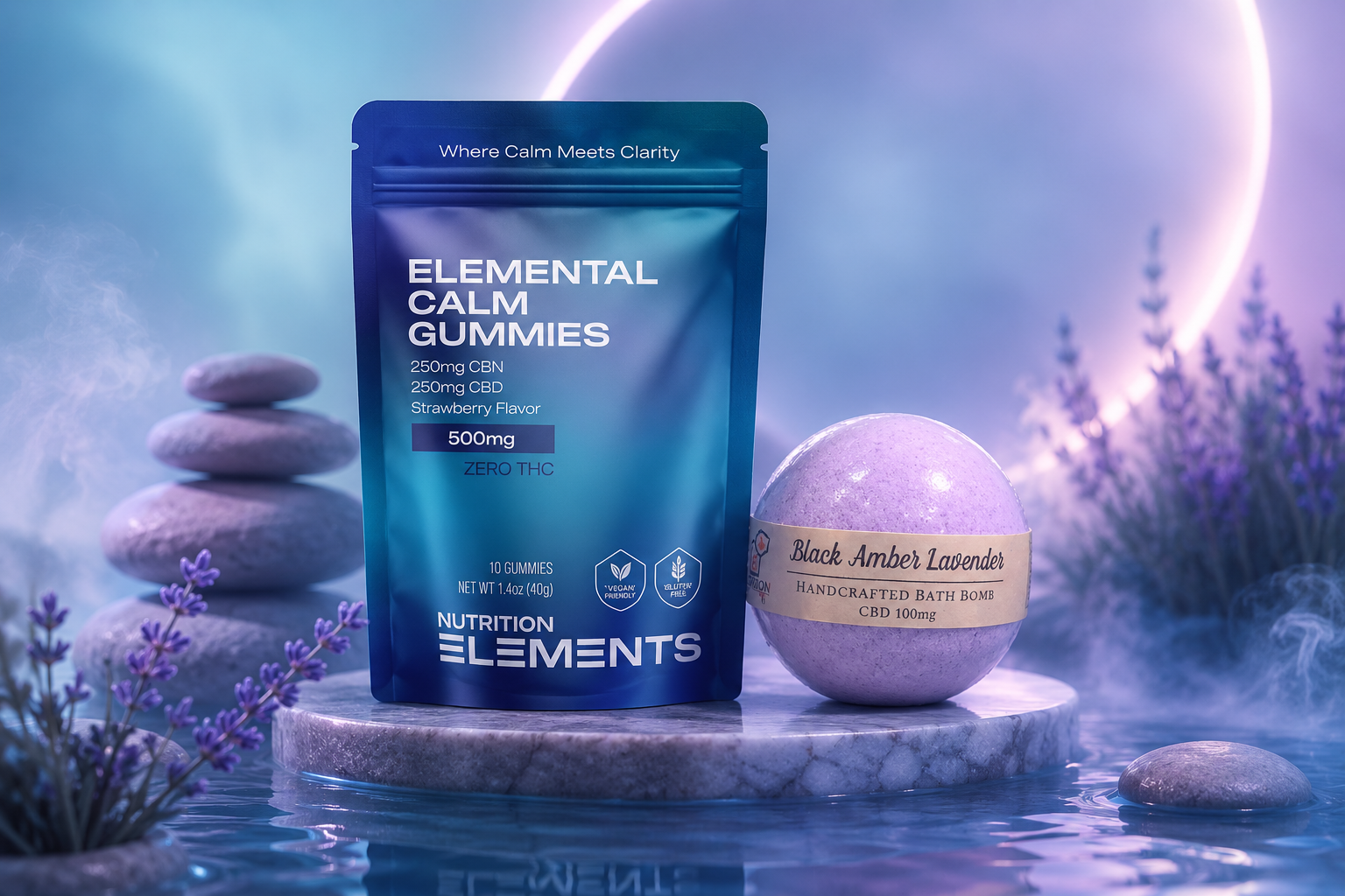 Elemental Gummies packaging with a bath bomb on a mystical background