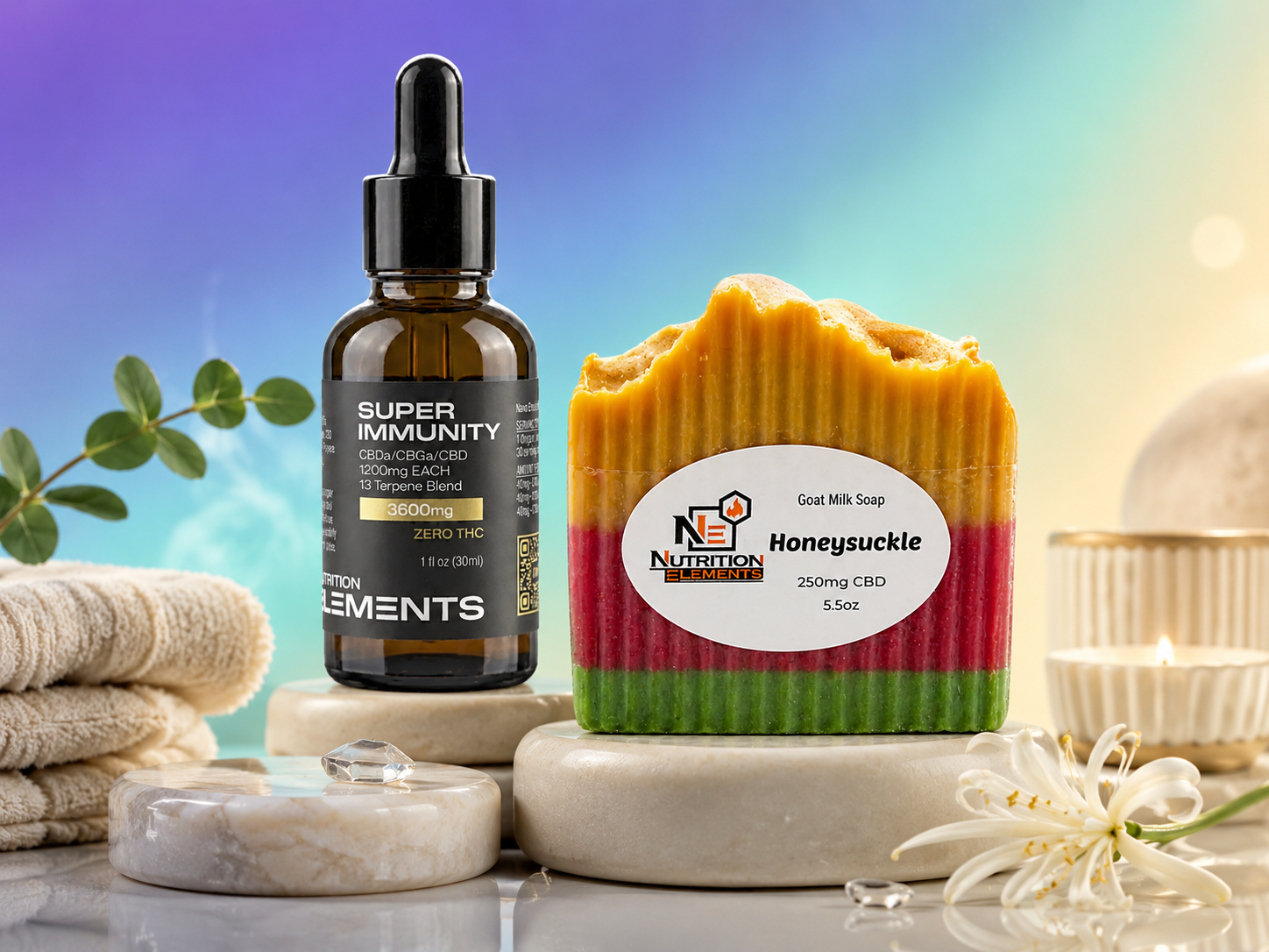 CBD oil dropper and soap with a colorful background