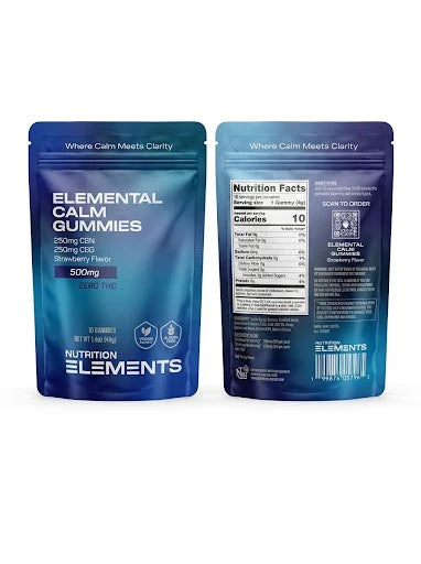 Blue package of Elemental Calm Gummies with front and back views on a white background