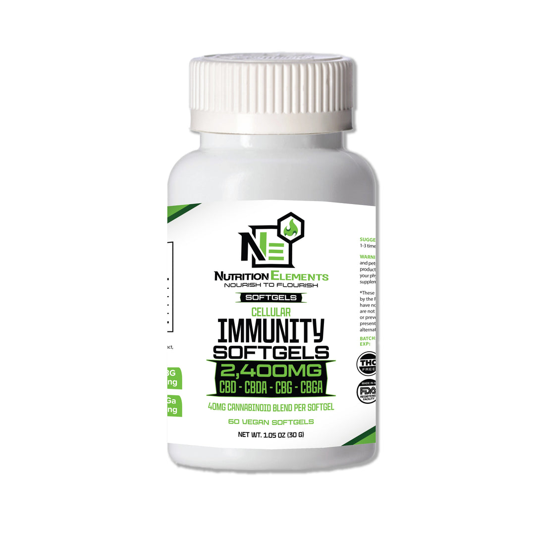 A bottle of Immunity support soft gels containing 2400mg per soft gel, with a label displaying the brand Nutrition Elements and the product name Immunity Softgels.