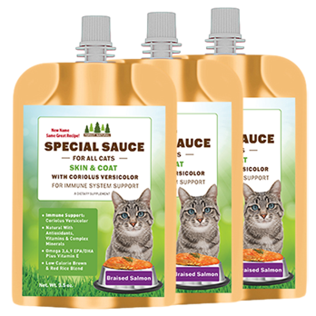 Three pouches of Special Sauce for cats with a label on a white background