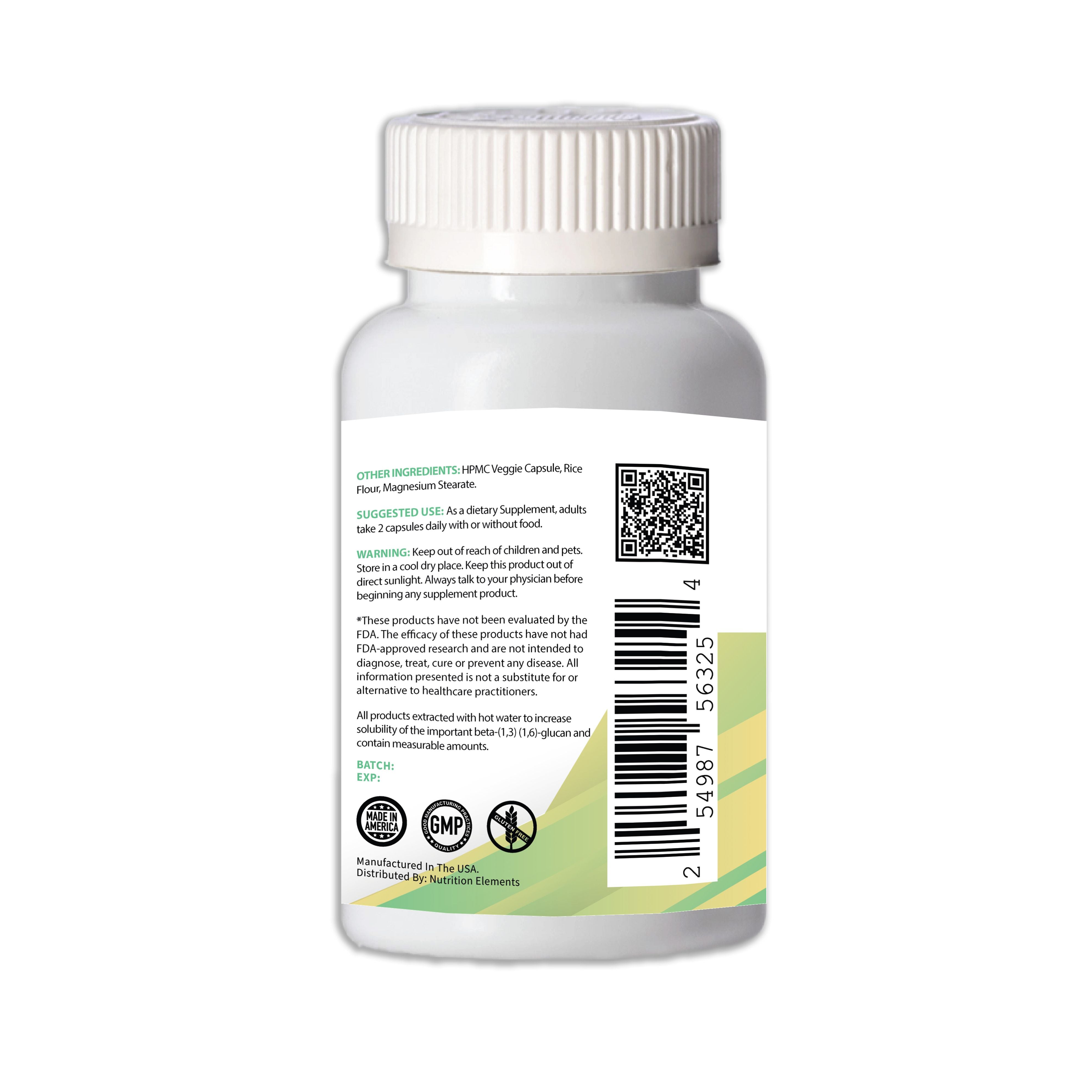 Bottle label with text, QR code, and barcode on a white background