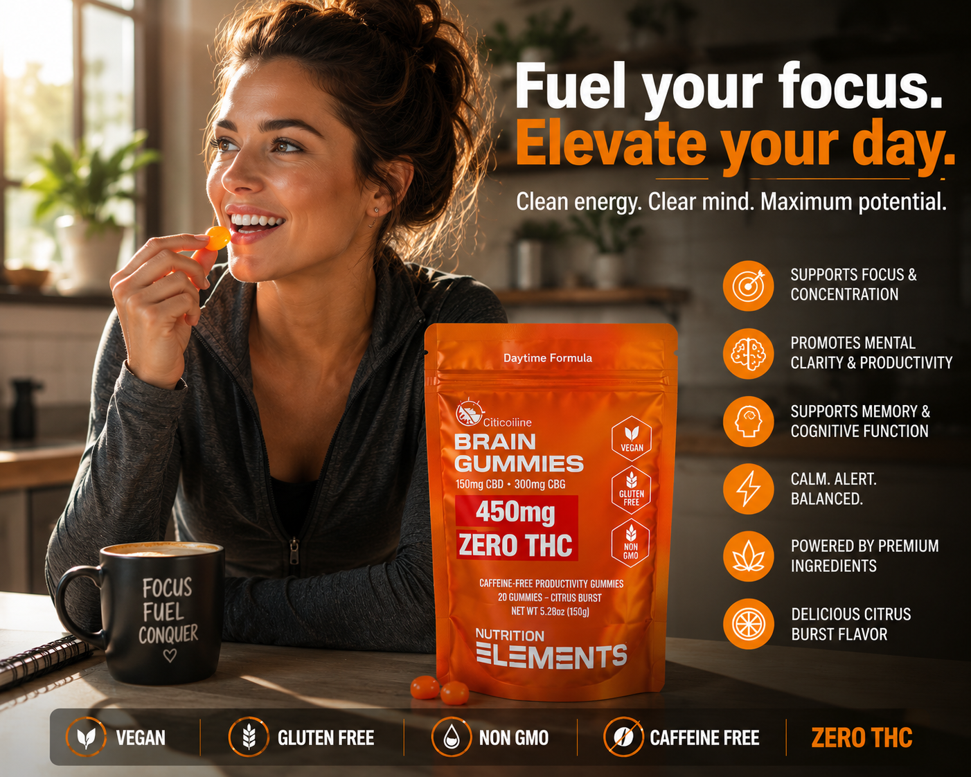 Woman eating brain gummies with a cup of coffee, surrounded by text promoting their benefits.