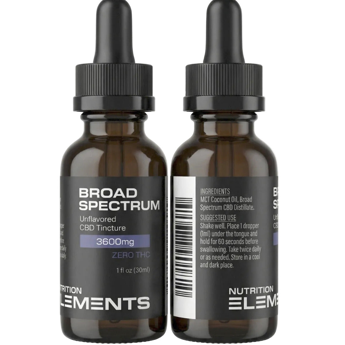 Two brown glass bottles with black droppers labeled 'Nutrition Elements' on a white background.