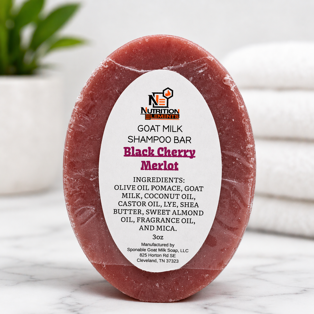 Goat milk shampoo bar with 'Black Cherry Merlot' flavor on a white background