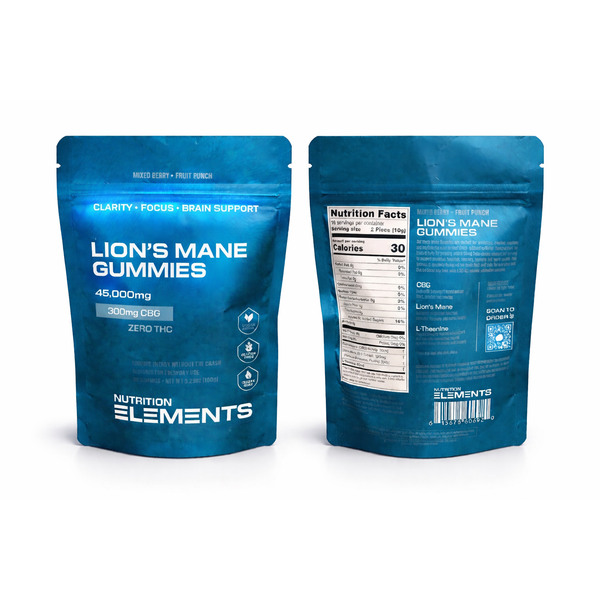 Two blue packages of Lion's Mane Gummies by Nutrition Elements on a white background