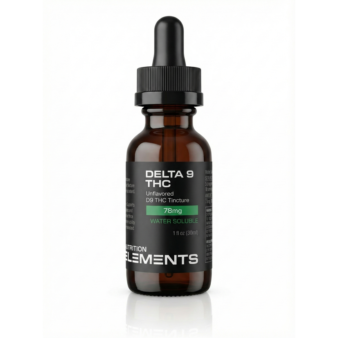 Brown bottle with dropper labeled 'Delta 9 THC' on a white background