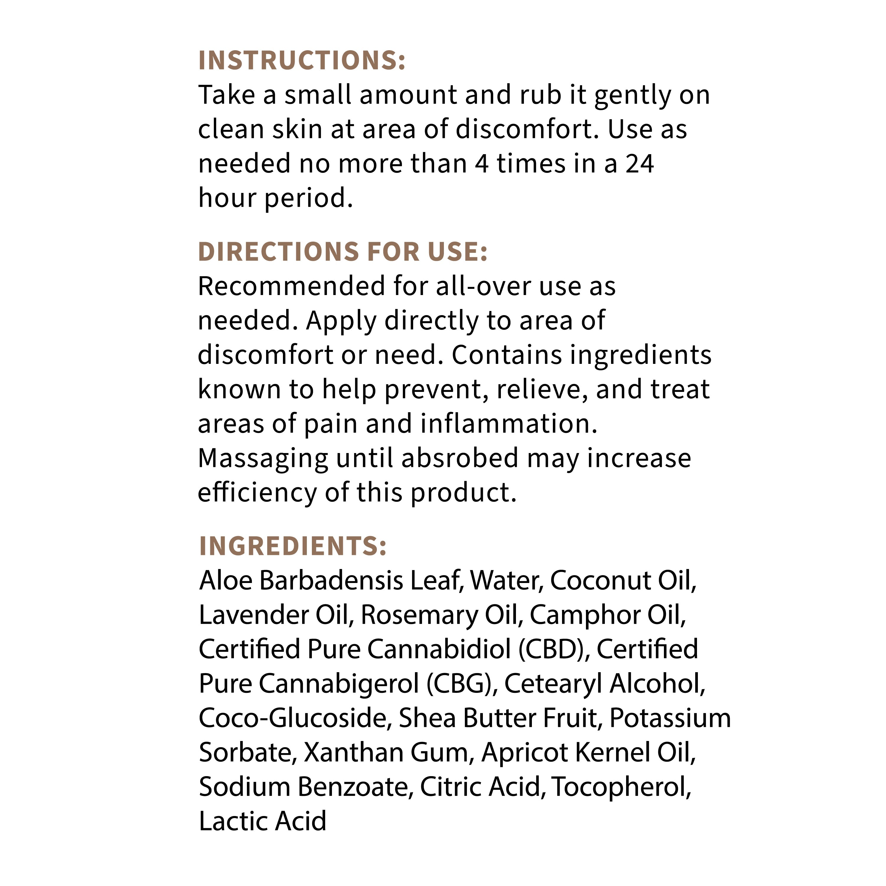 Product label with directions for use and ingredients on a white background