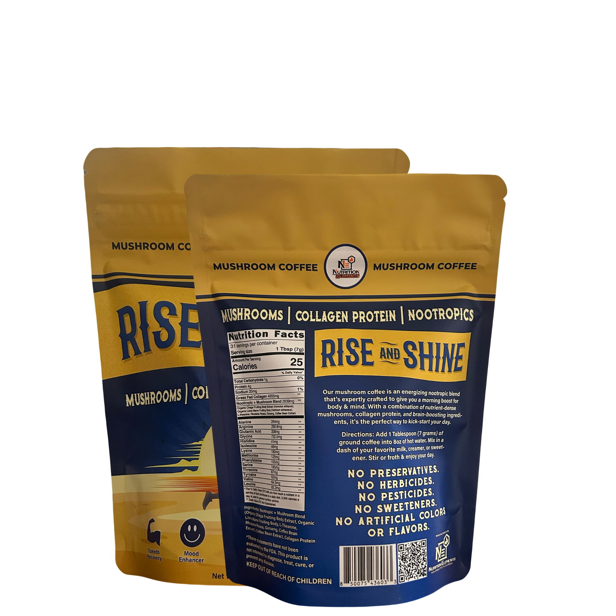 Two packages of 'Rise and Shine' mushroom coffee on a white background
