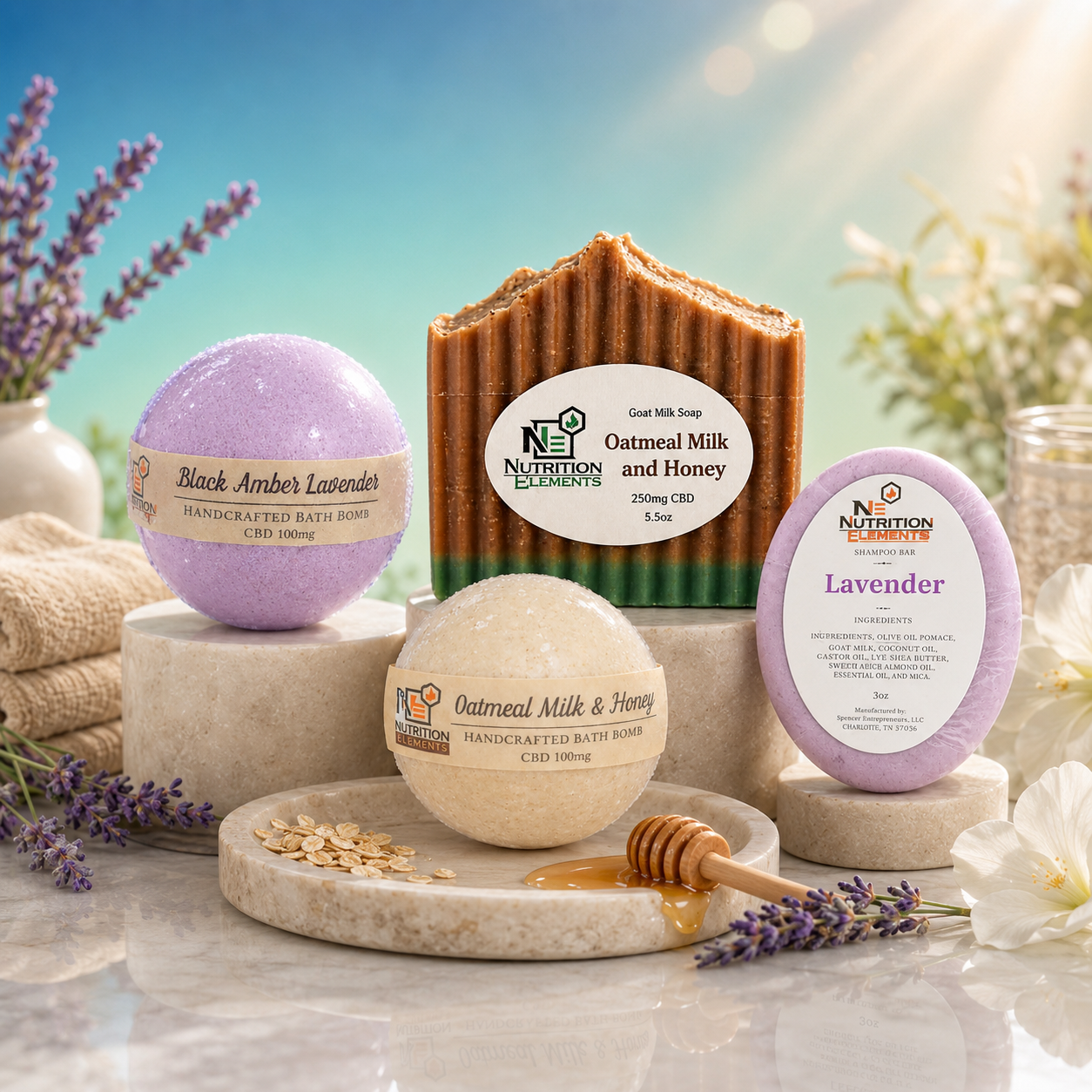 Bath bombs and soap with visible branding on a decorative surface with flowers and honey.