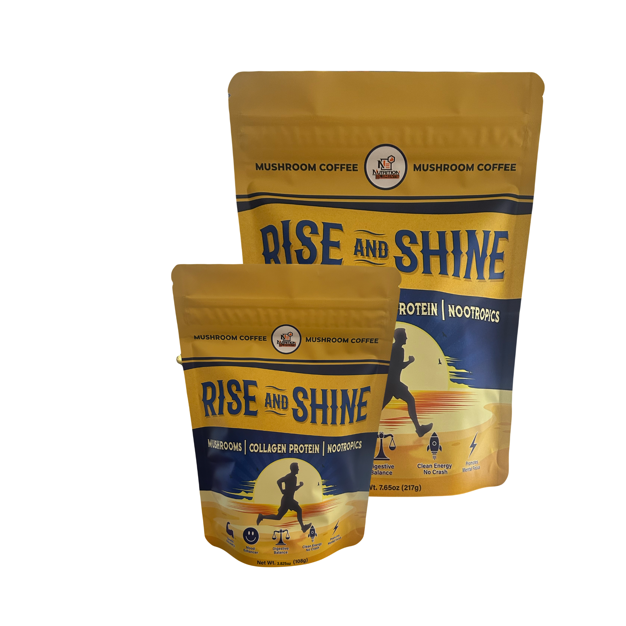 Two packages of 'Rise and Shine' mushroom coffee on a white background