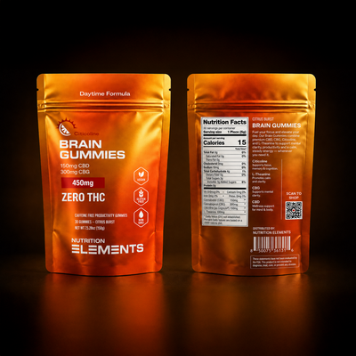 Orange packaging of Brain Gummies with Nutrition Elements branding on a dark background