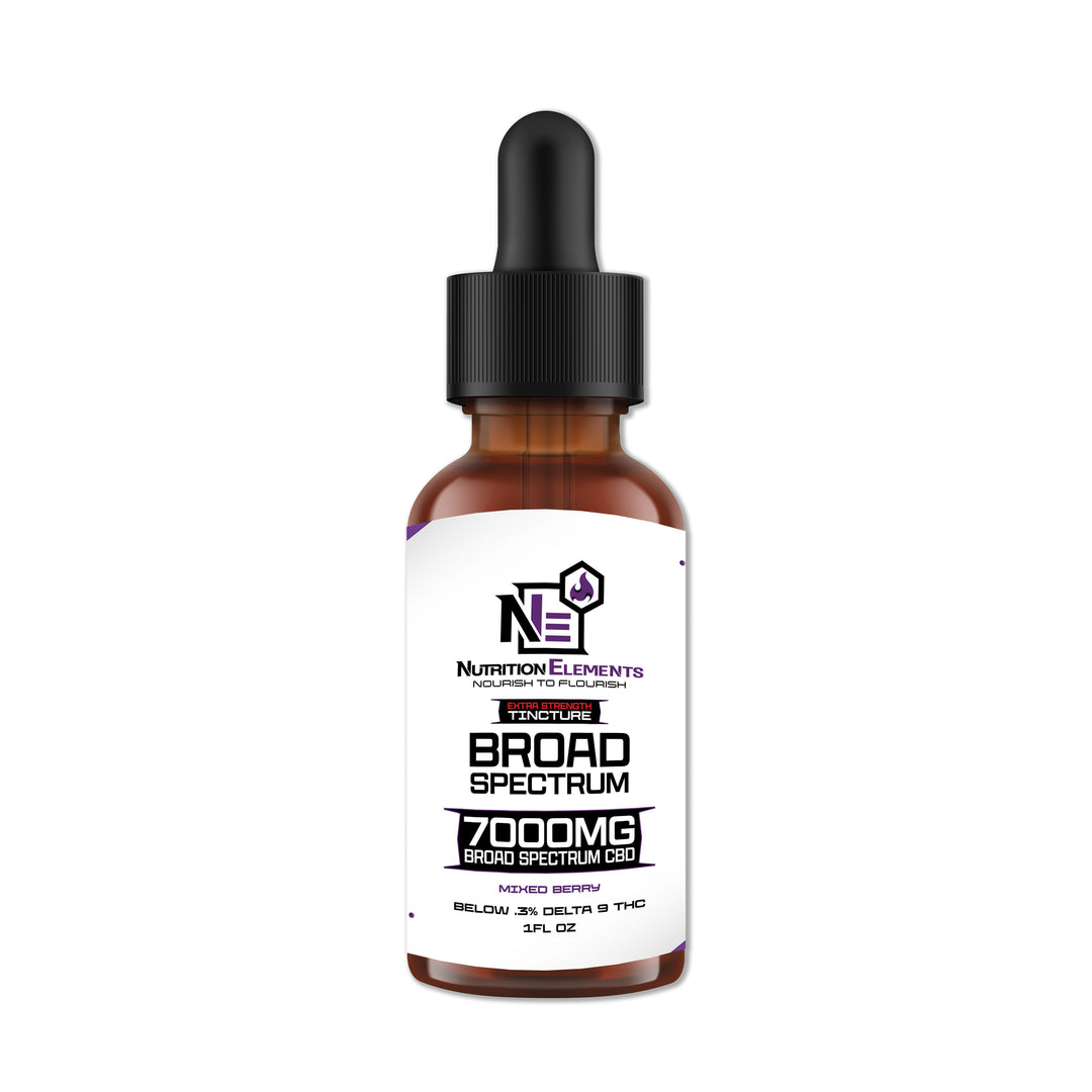 Amber bottle of 7,000mg Mixed Berry Broad Spectrum CBD Oil with dropper
