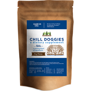 Dietary supplement package for dogs with a brown and blue design on a white background
