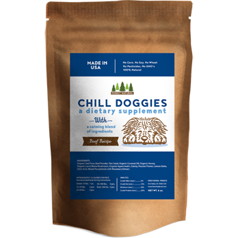 Dietary supplement package for dogs with a brown and blue design on a white background