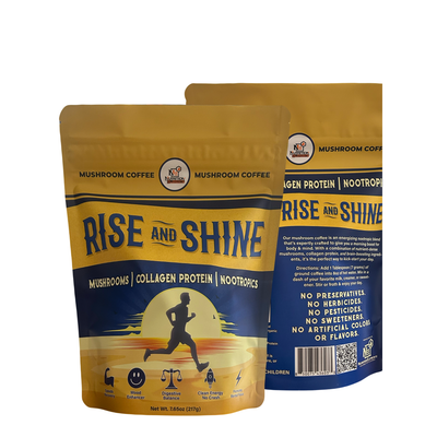 Mushroom coffee package with 'Rise and Shine' branding on a white background