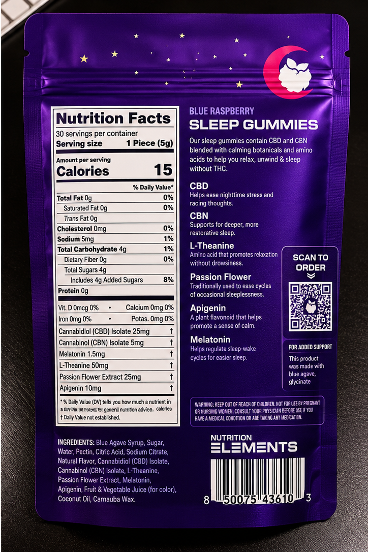 Back view of a purple gummy package with nutritional information and branding details.