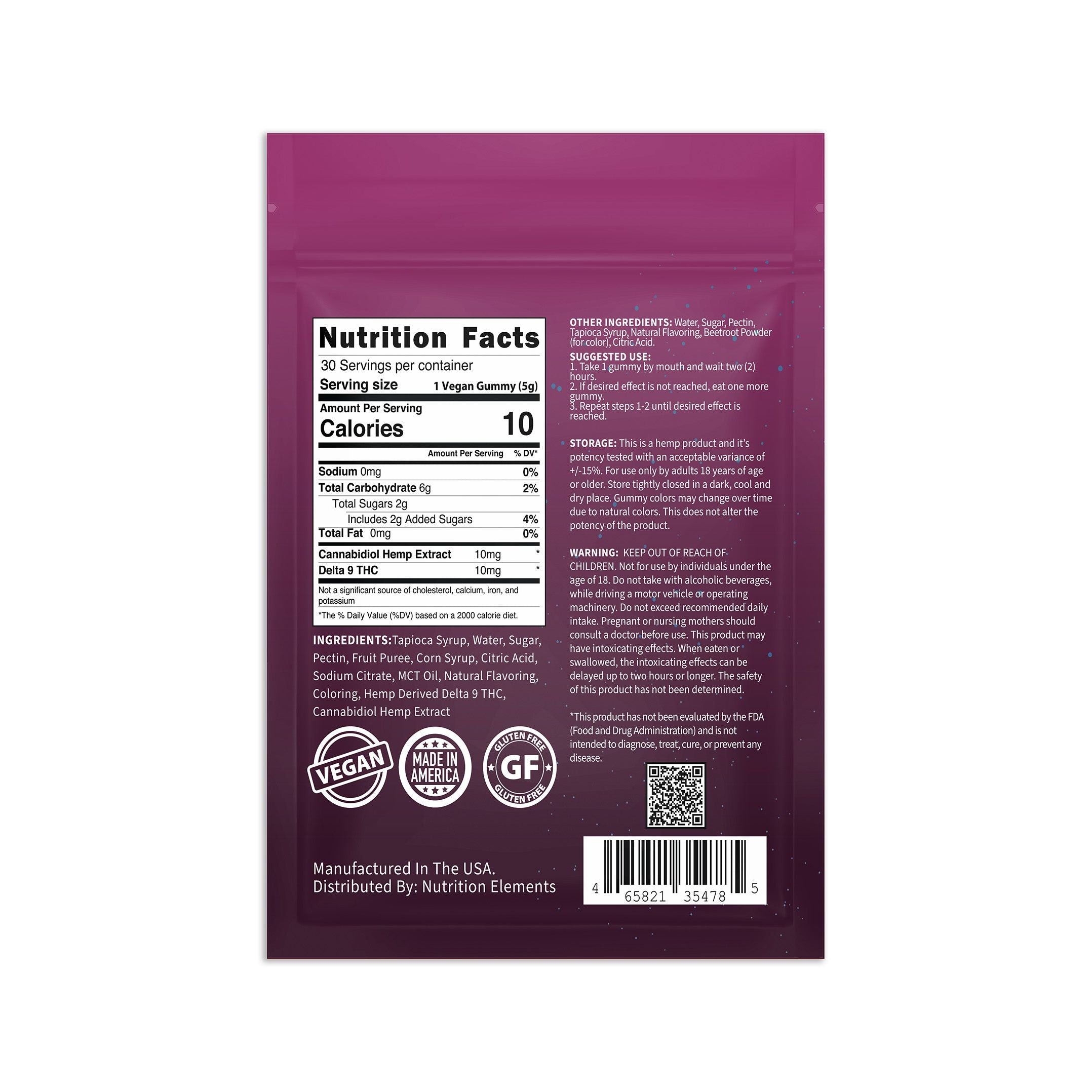 Nutrition facts label on a purple package with vegan, gluten-free, and organic certification logos.