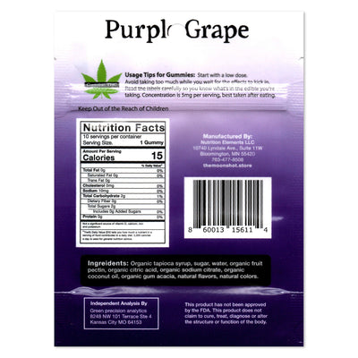 Back label of a gummy with nutritional information and ingredients on a purple background