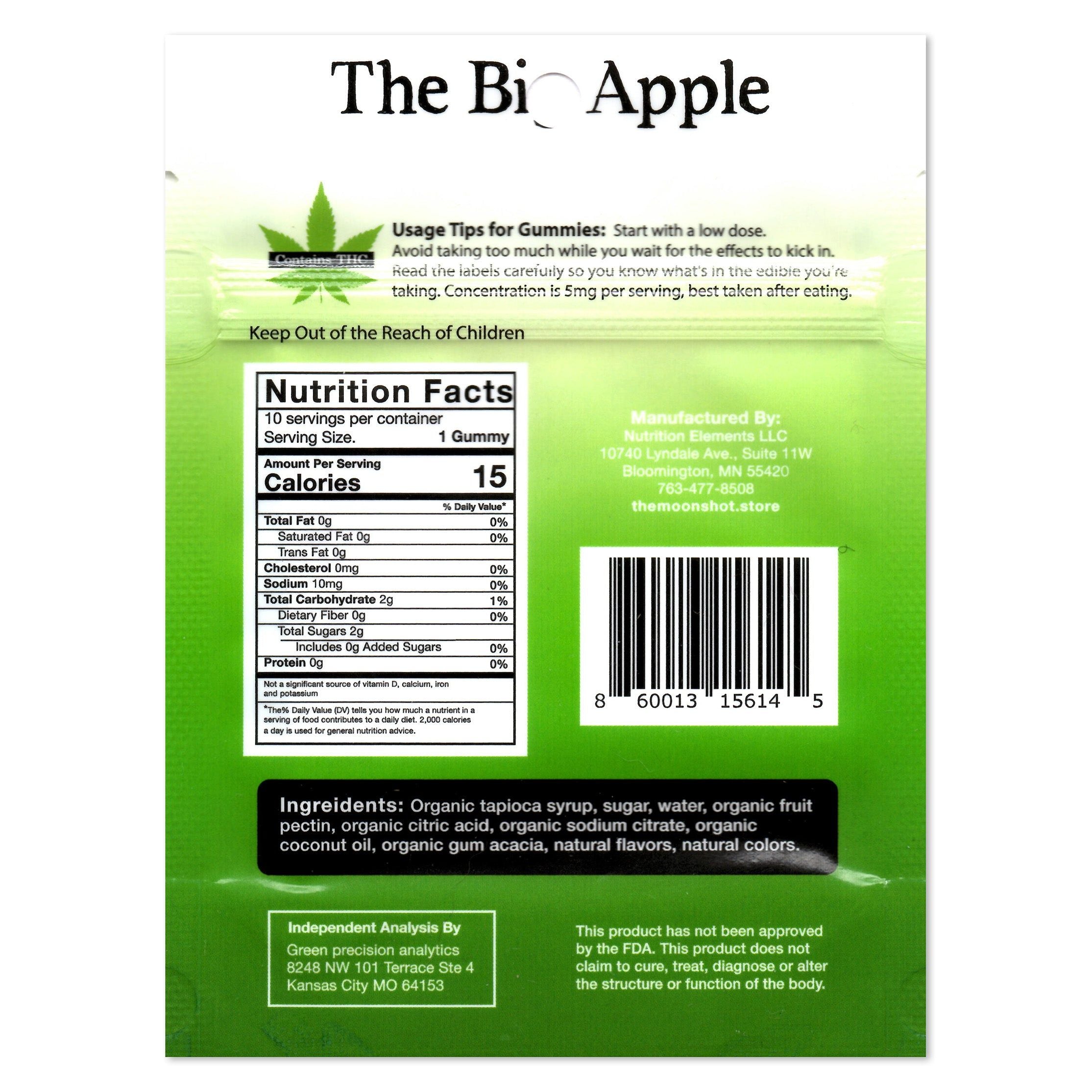 Back label of 'The Big Apple' gummies with nutrition facts, ingredients, and usage tips.